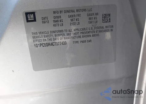 2012 Chevrolet Cruze Ls from USA, damaged, VIN 1G1PC5SH4C7377439